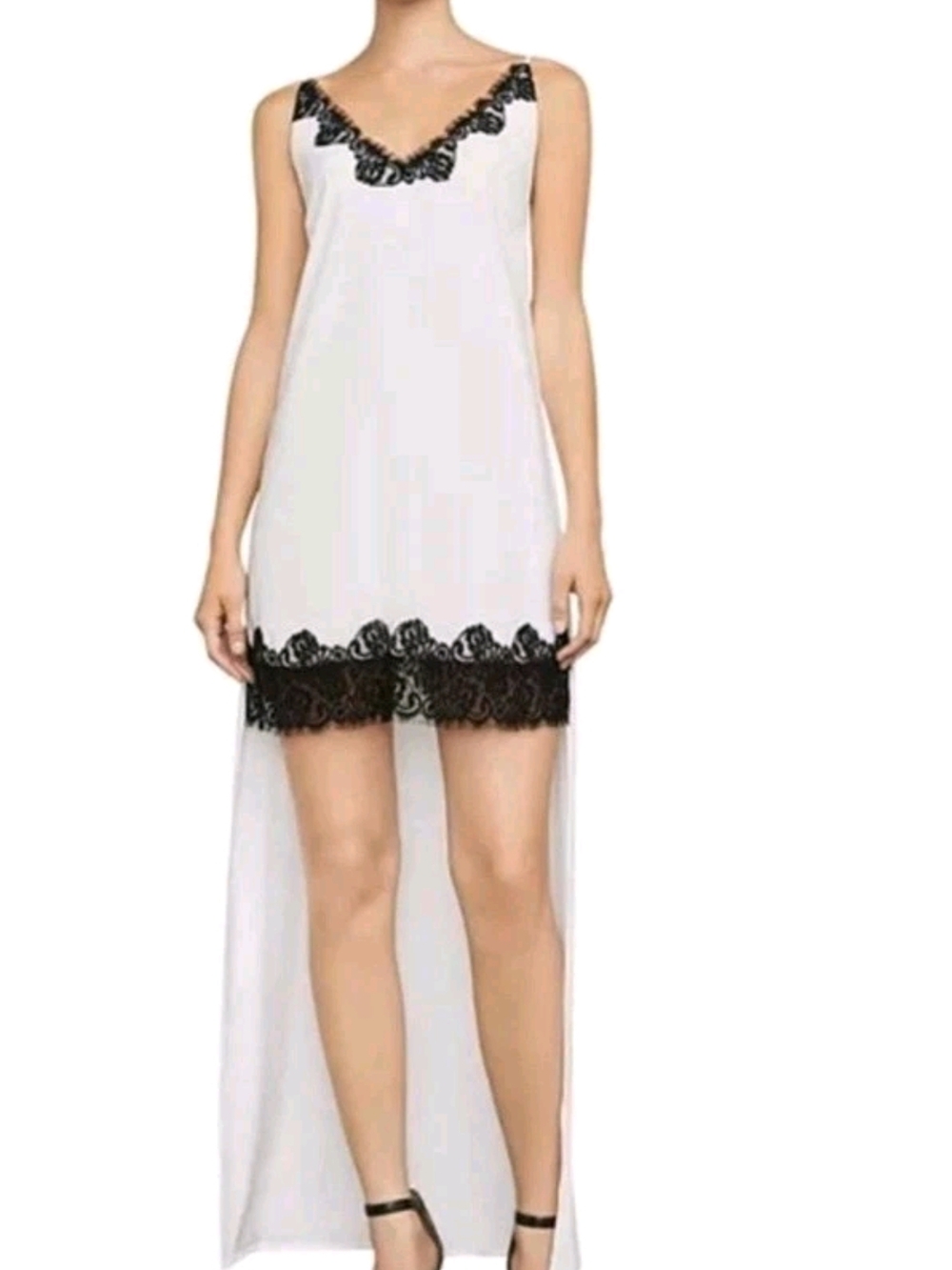 BCBG White High-Low Slip Dress with Black Lace Trim New NWT Size Medium